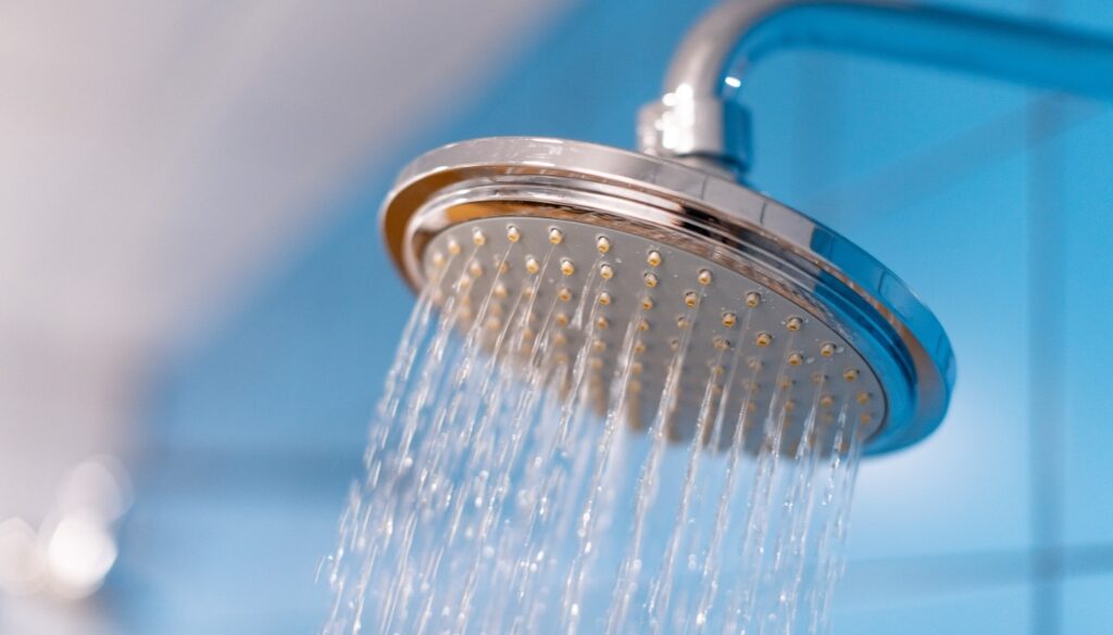 A water-efficient showerhead with water flowing out of it.