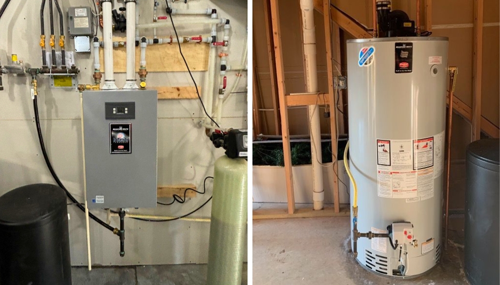 A side by side visual comparison of tankless vs traditional water heaters.