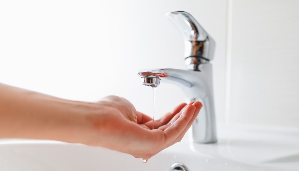 Hand under a running sink faucet with low water pressure.