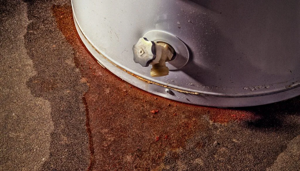 Rusty water leaking out of a water heater.