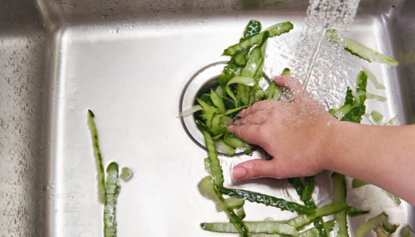 A person rinsing cucumber peels into a kitchen sink with a garbage disposal.