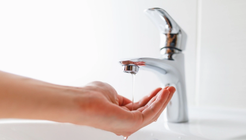 Why You Might Have Low Water Pressure After A Water Heater Replacement A person testing low water pressure from a bathroom faucet by placing their hand under a weak stream of water.