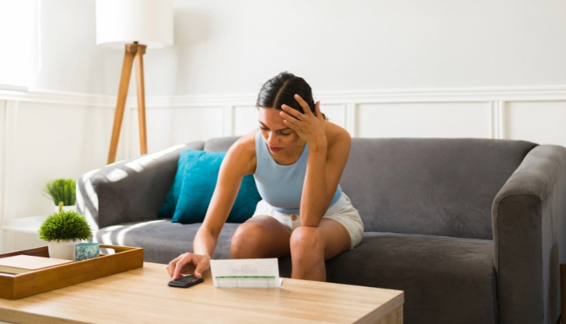 5 Signs Your AC Needs Maintenance Before Summer Begins A concerned woman reviews a high energy bill while adjusting her air conditioner.