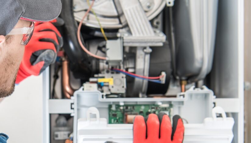 HVAC technician inspecting the internal components of a residential furnace during routine maintenance.