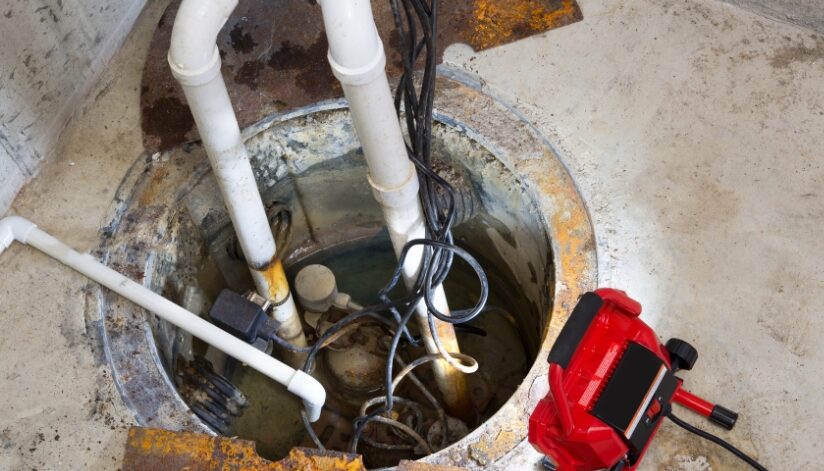 A basement sump pit showing multiple pipes and wiring.