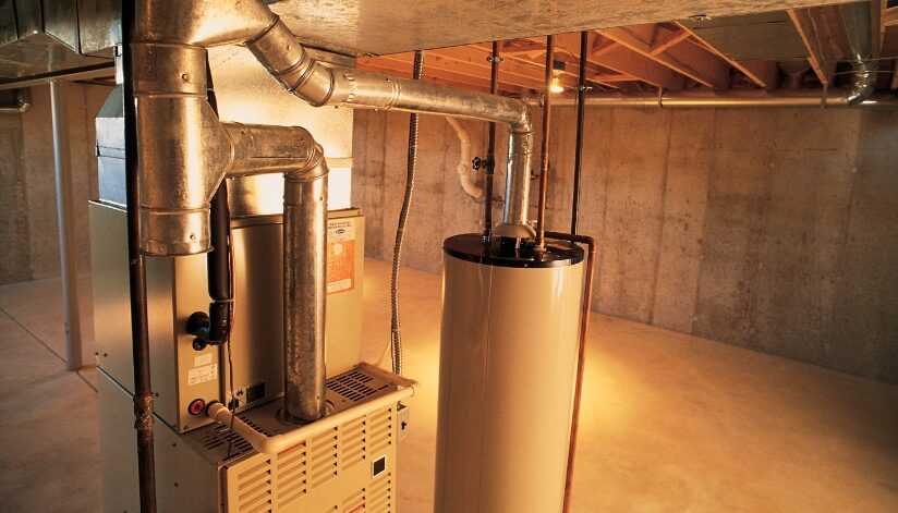 A basement with a residential furnace and water heater.