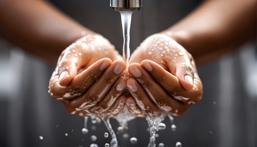A close up of two hands washing with hot water from a bathroom faucet.