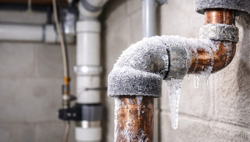 A frozen copper pipe in a home's basement.