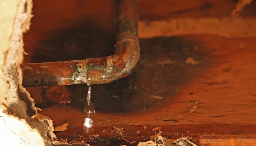 Small plumbing leak drips from a rusty pipe onto wood.