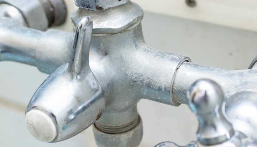 Silver faucet with hard water stains.