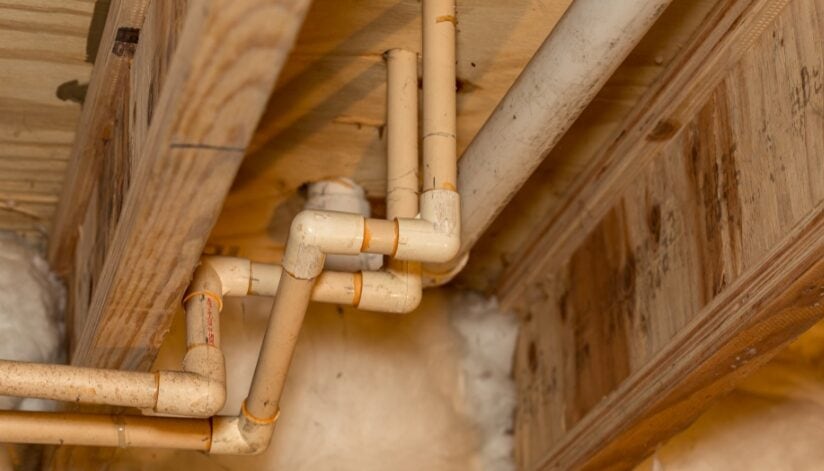Older home plumbing pipes running between exposed wooden floor joists in a basement.